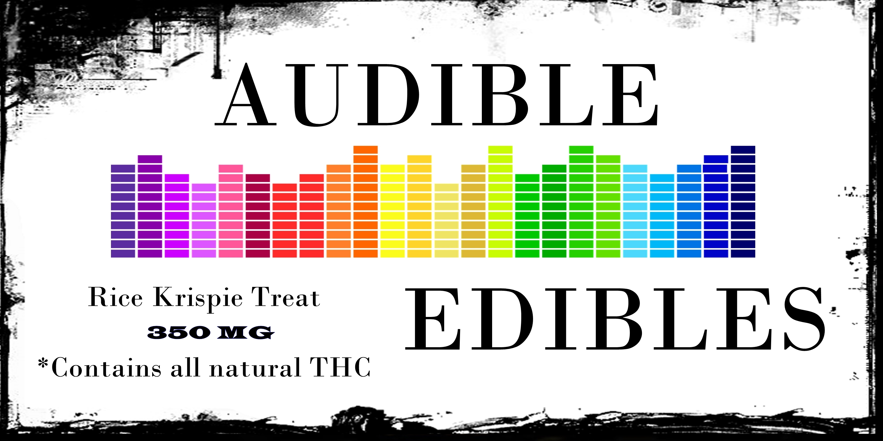 Product label for Audible Edibles featuring a colorful soundwave graphic, with text highlighting 'Rice Krispie Treat' and '350 MG', and noting it contains all-natural THC.