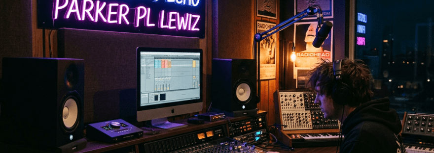 Person using audio mixer and computer in a home music studio with neon sign