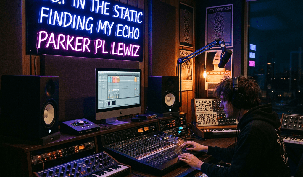 Person using audio mixer and computer in a home music studio with neon sign
