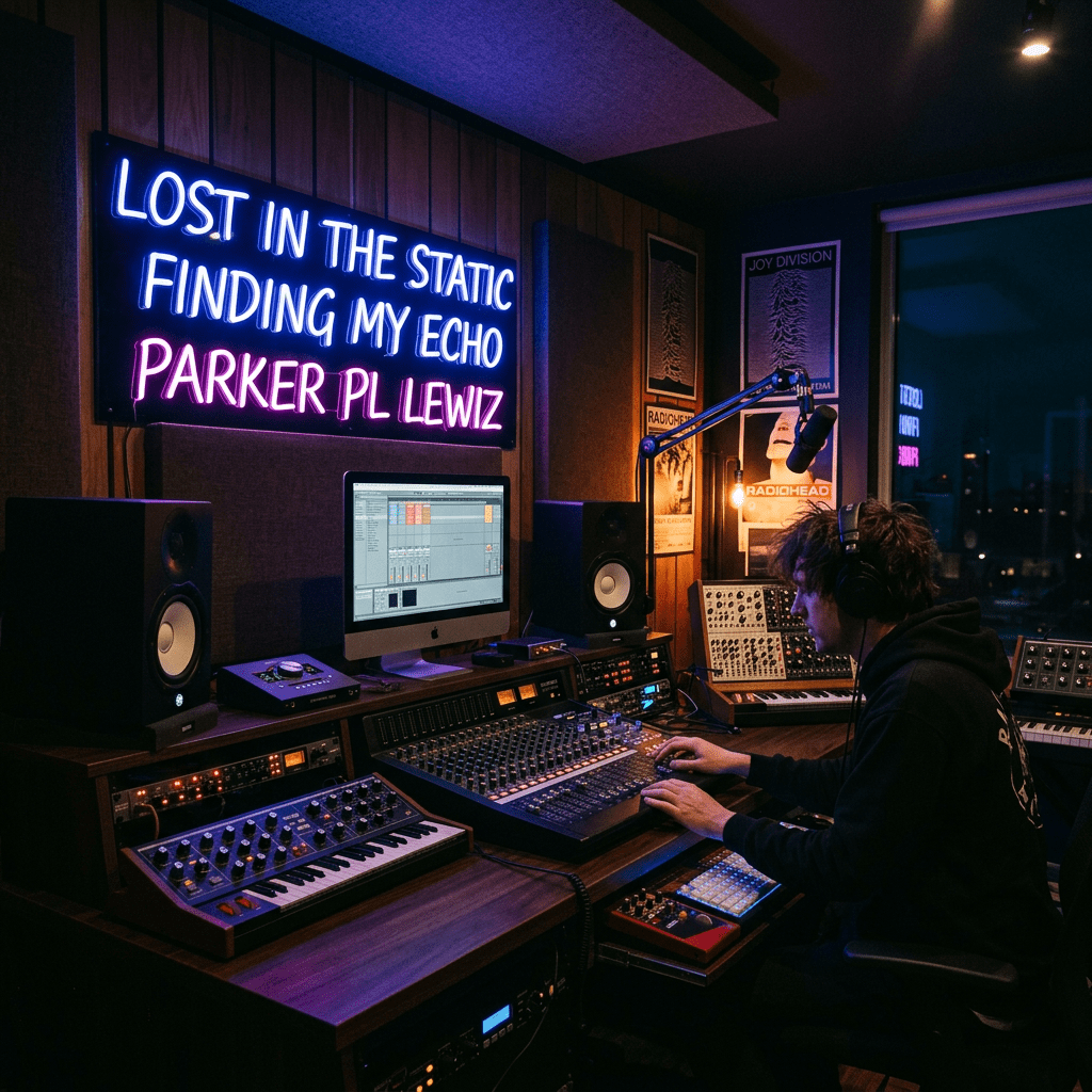 Person using audio mixer and computer in a home music studio with neon sign